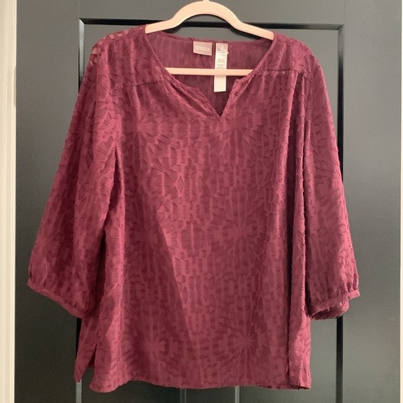 Chicos Sheer Dark Burgundy V-Neck Blouse w/3D Detailing.3/4 Sleeves. Size 2=12 - Picture 1 of 12